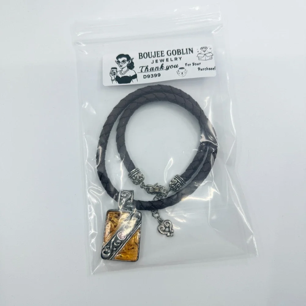 VTG Amber & Silver Resin Statement Necklace with Braided Leather Pendant